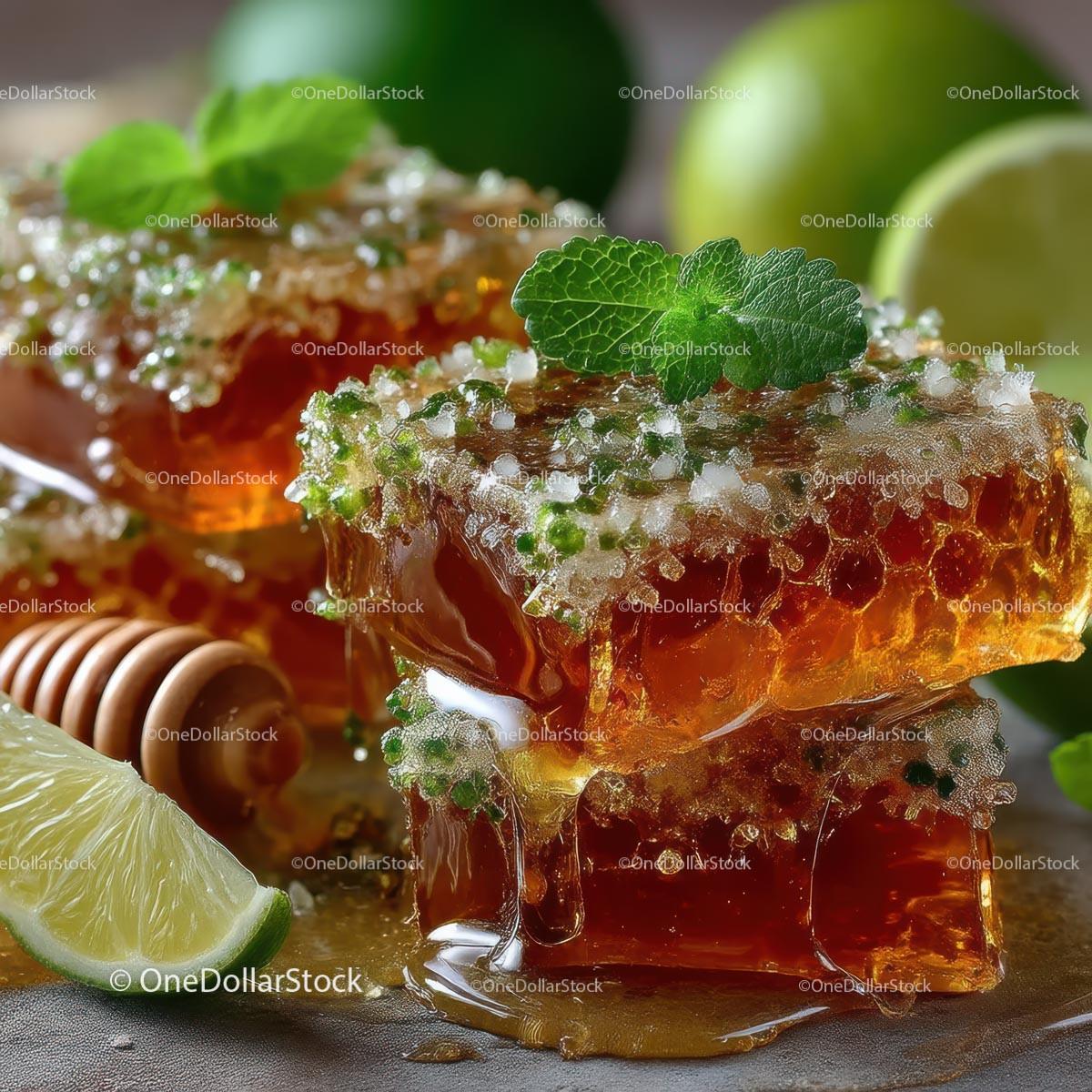 Delicious Honeycomb with Fresh Lime and Mint Leaves Stock Photo Bundle preview 13
