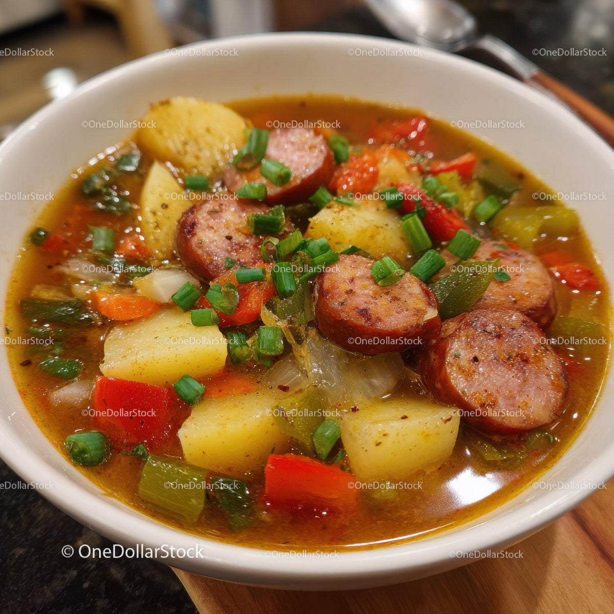 Hearty Sausage and Vegetable Soup with Potatoes and Carrots Stock Photo Bundle creative preview 4