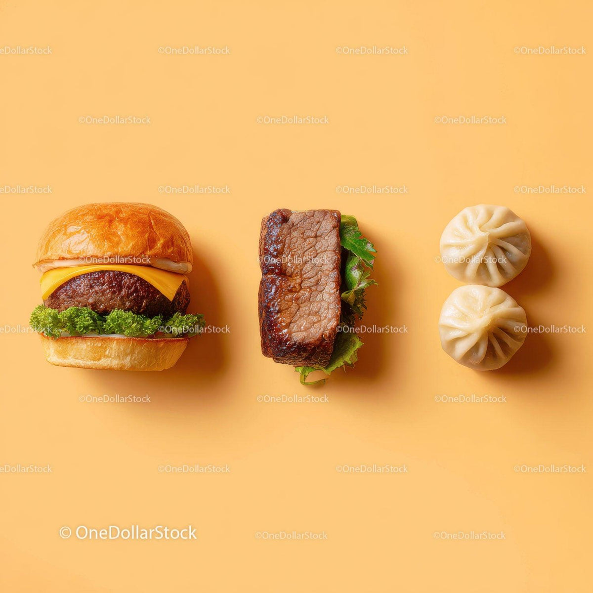 Gourmet Burger with Lettuce and Tomato Next to Grilled Steak and Dumpling Stock Photo Bundle preview 31