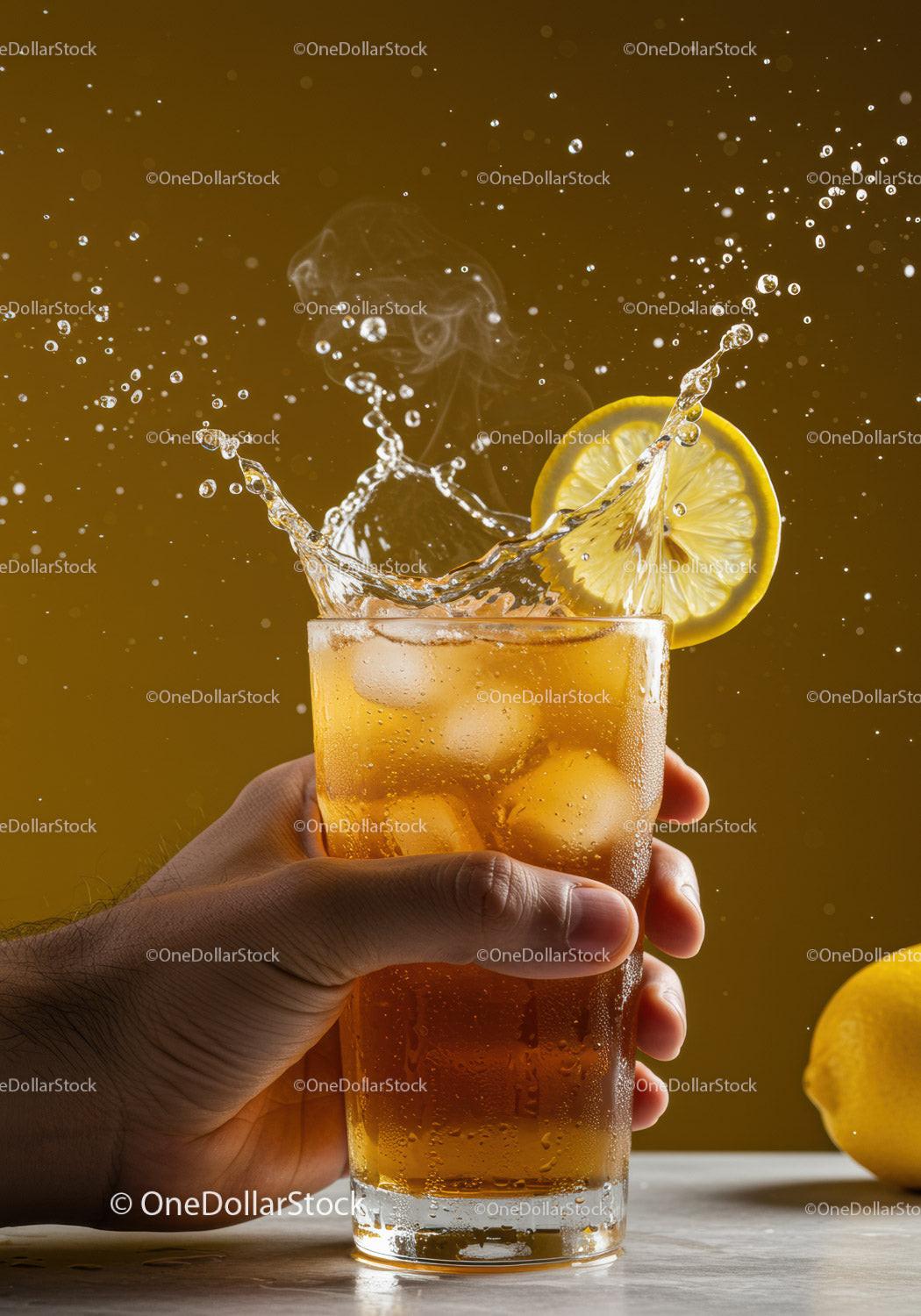 Refreshing iced tea with lemon wedge splash effect