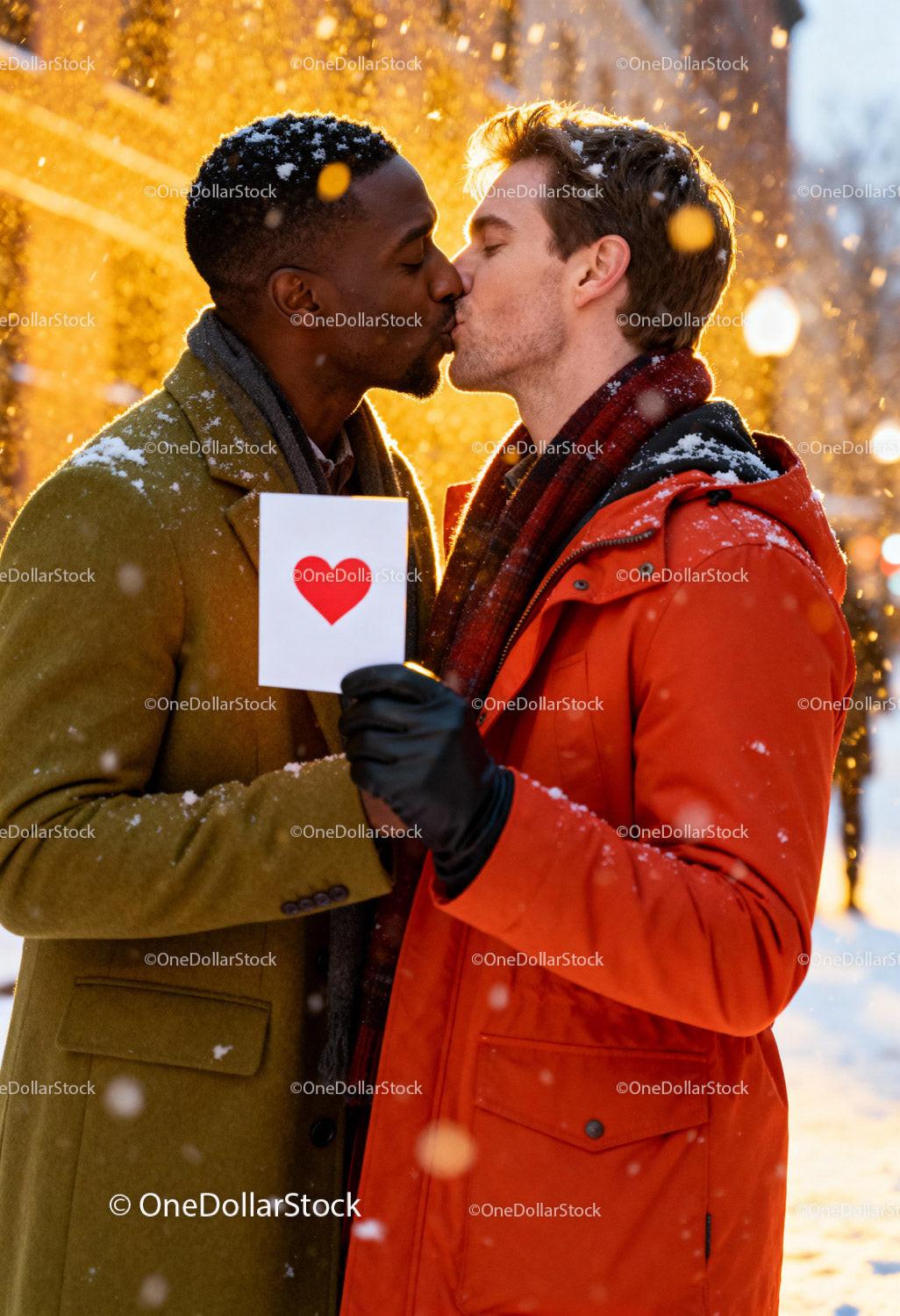 Romantic winter kiss between two men holding love card