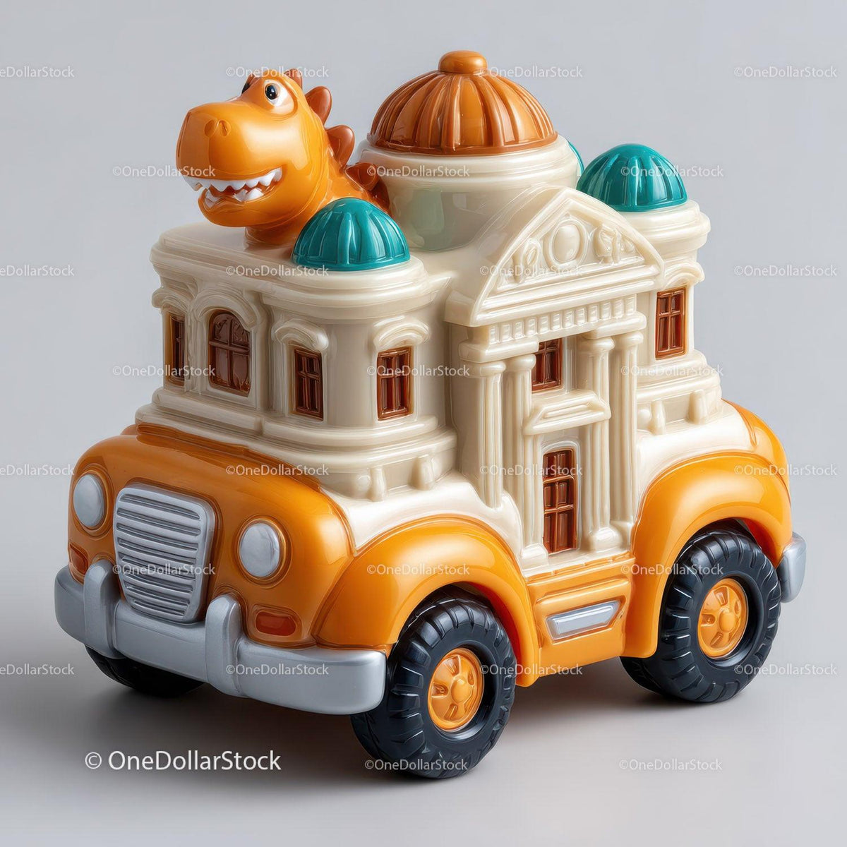 Orange toy car with classical building and dinosaur head with teal domes and black wheels