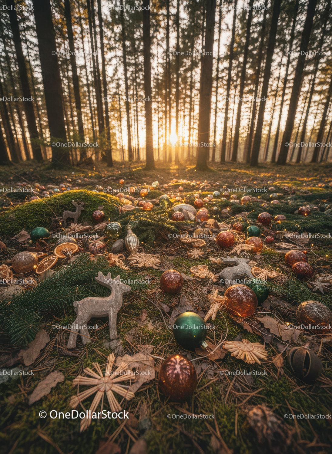 Sunset in forest with scattered Christmas decorations