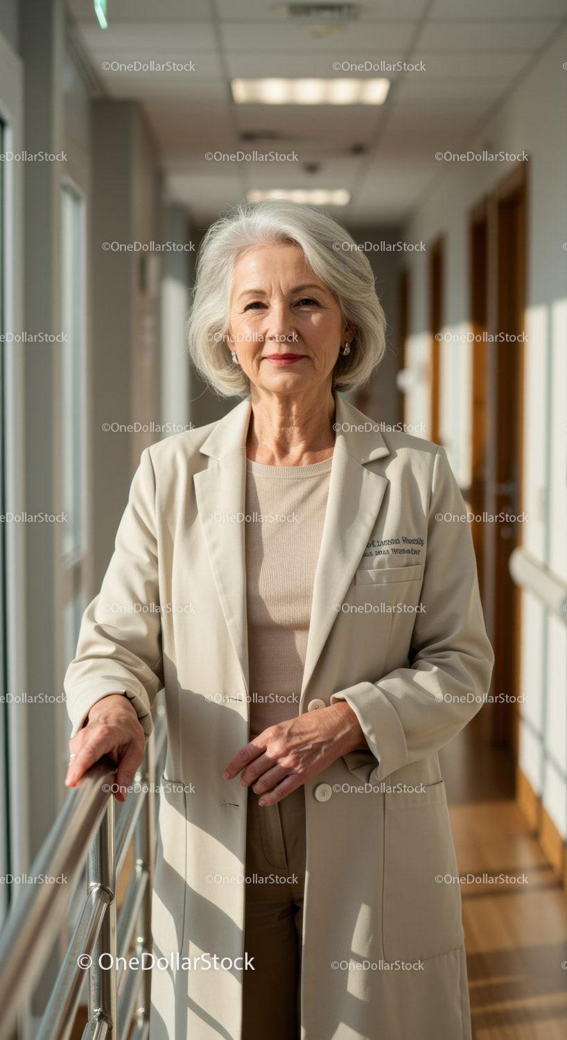 Senior Woman Doctor Standing Confidently in Hospital Corridor