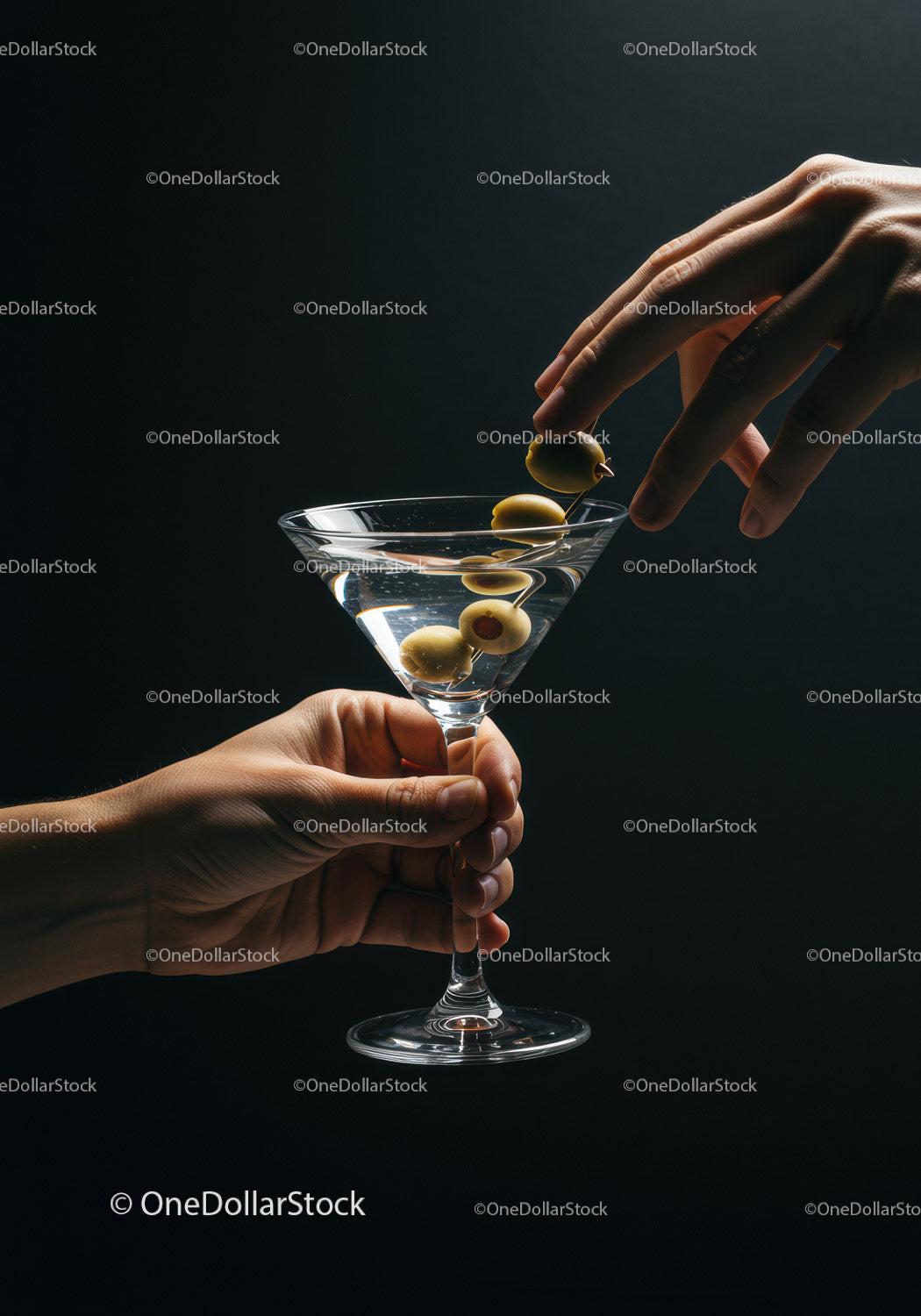 Hands Adding Green Olives to Classic Martini Glass