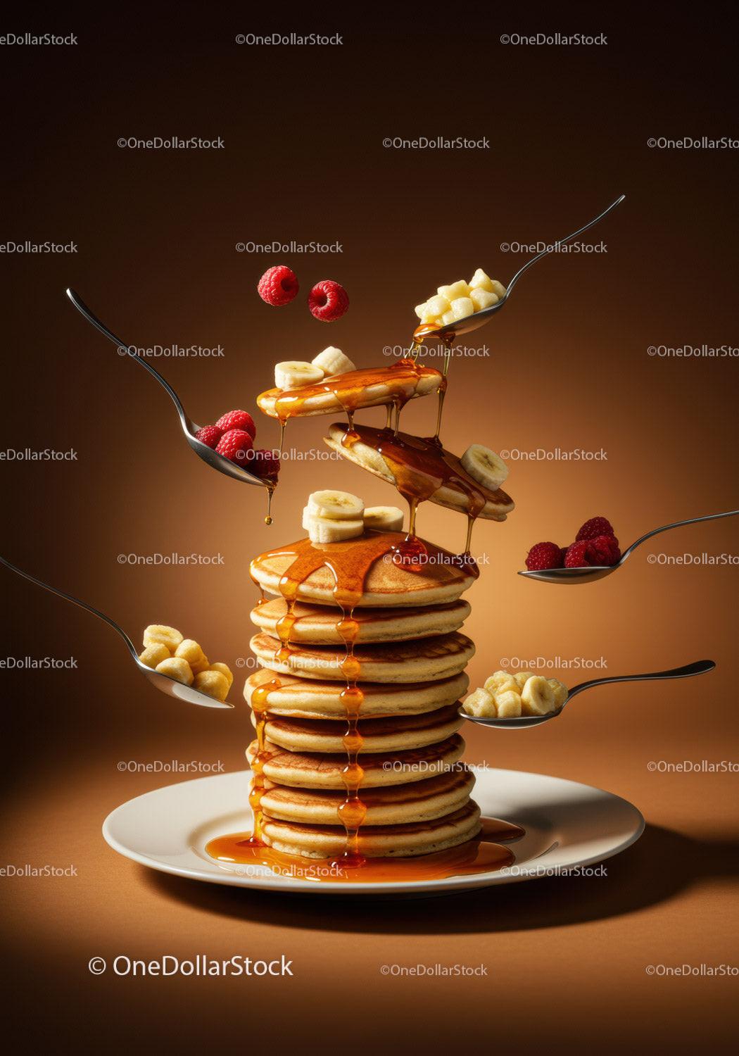 Stack of pancakes with syrup, banana and raspberry toppings