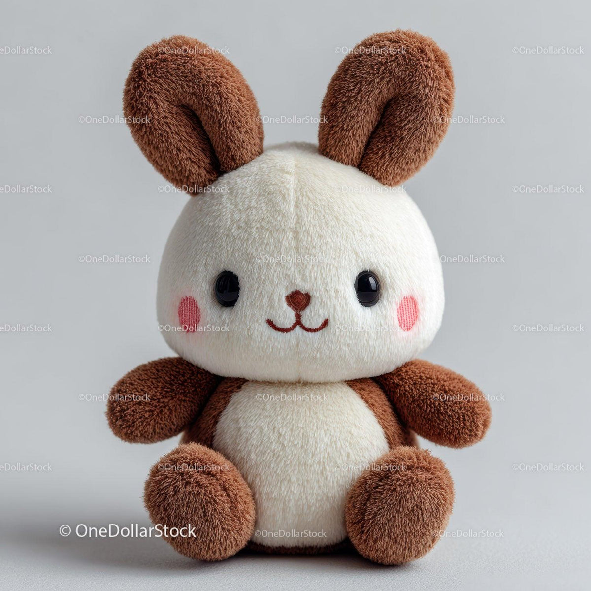 Soft plush bunny toy with brown ears and limbs against gray background