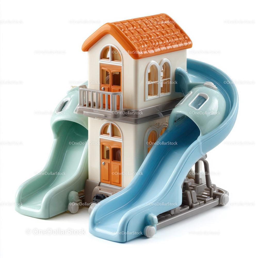 Two-story plastic toy playhouse with orange roof and two curved slides in blue and green