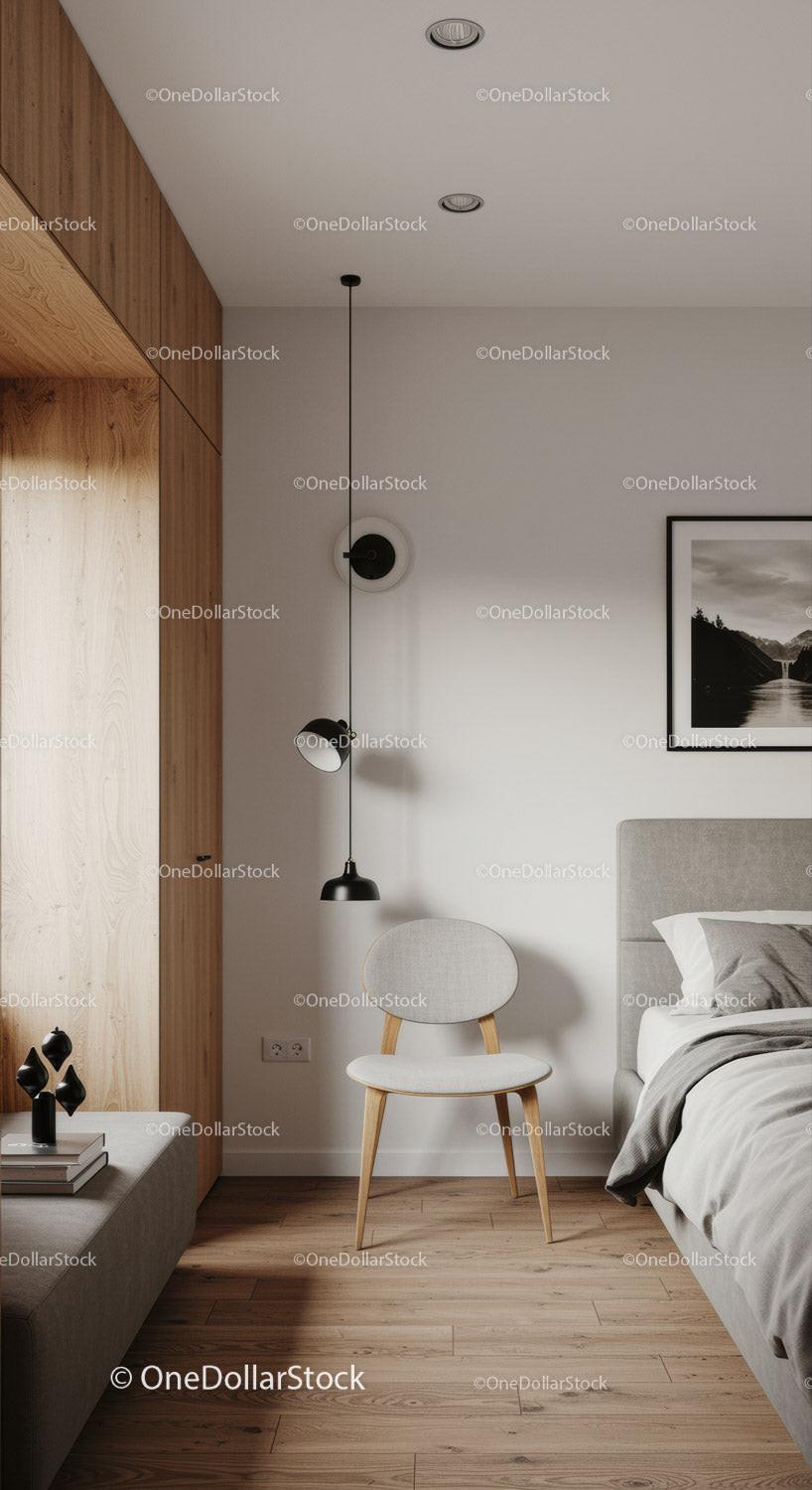 Minimalist bedroom corner with modern chair and lighting