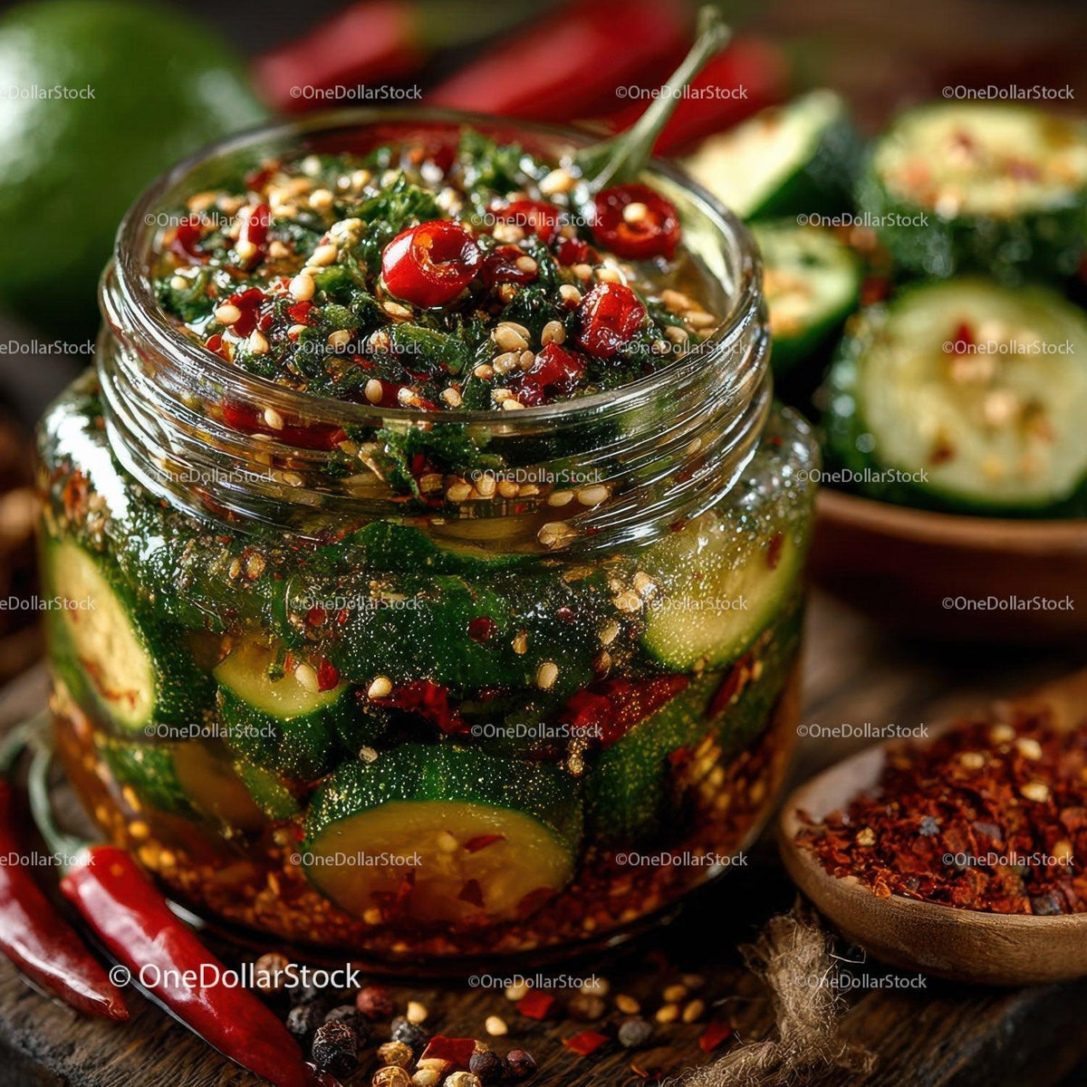 Spicy Kimchi in Glass Jar with Sliced Cucumbers and Chili Peppers