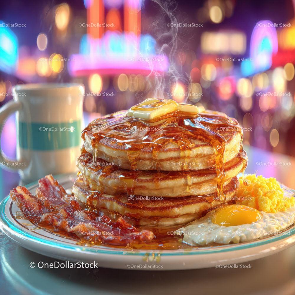 Stack of Fluffy Pancakes with Syrup Bacon and Eggs