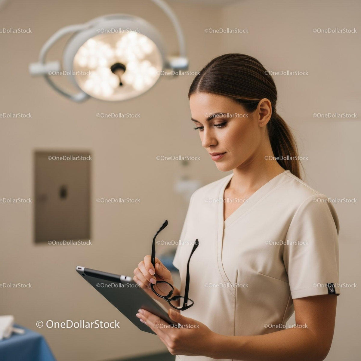 Nurse Reading Tablet in Modern Hospital Room