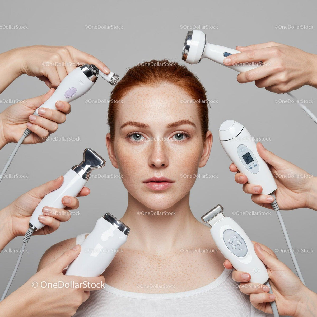 Woman Receiving Multiple Skincare Treatments Using Professional Devices