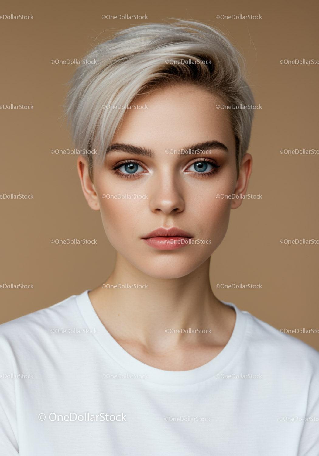Portrait of a Confident Woman with Blonde Hair and Blue Eyes