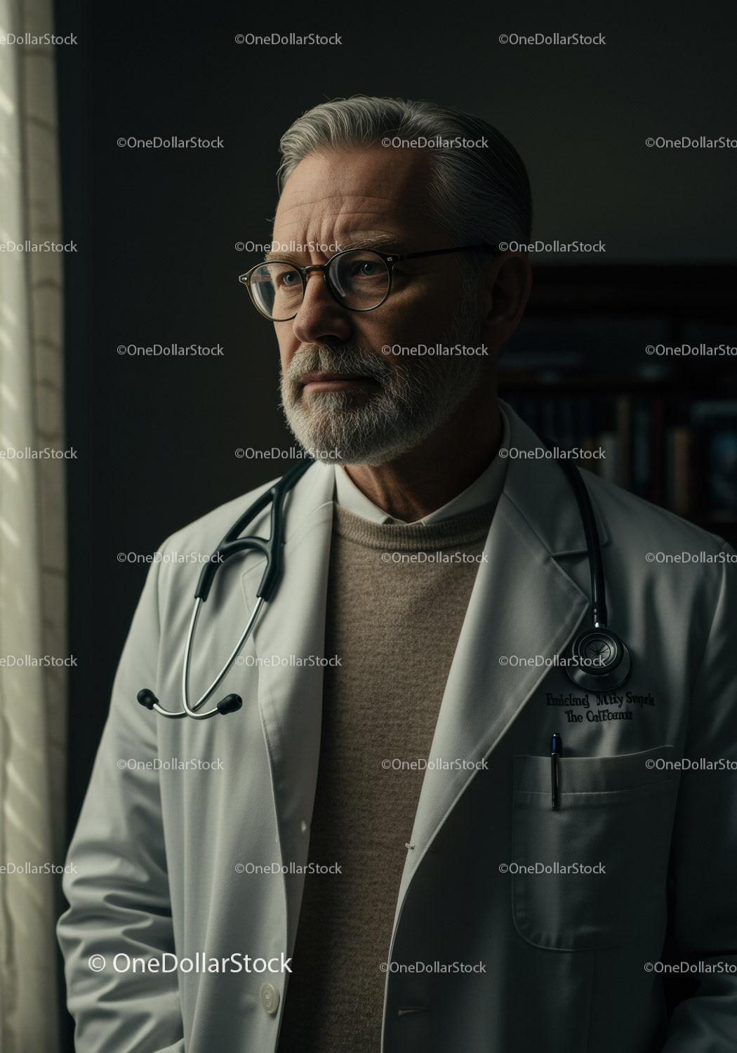 Senior Male Doctor in White Coat with Stethoscope in Medical Clinic