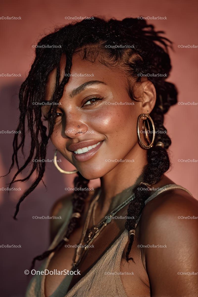Joyful Smiling Woman with Braids and Golden Jewelry Portrait Stock Photo Bundle preview
