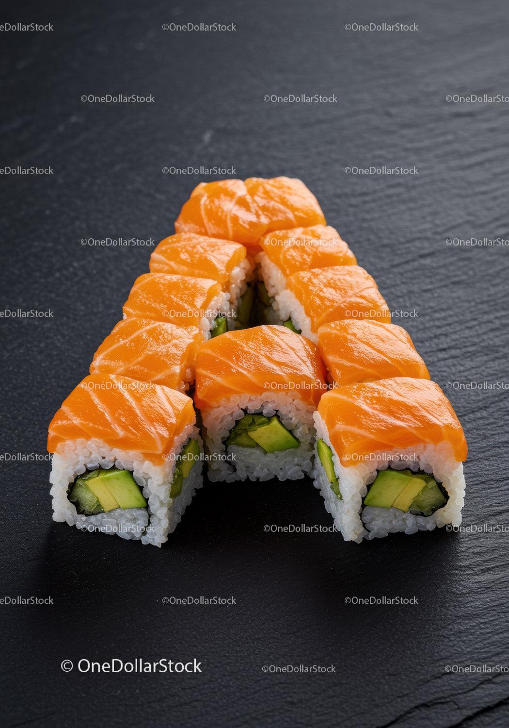Fresh salmon sushi rolls arranged in letter A shape