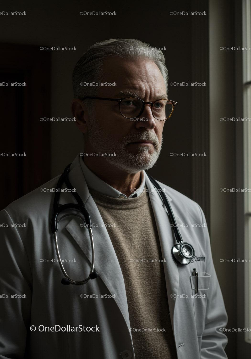Elderly Male Doctor Wearing Glasses and Stethoscope in Clinic