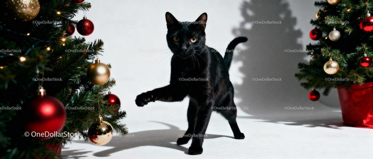 Curious black cat exploring festive Christmas decorations