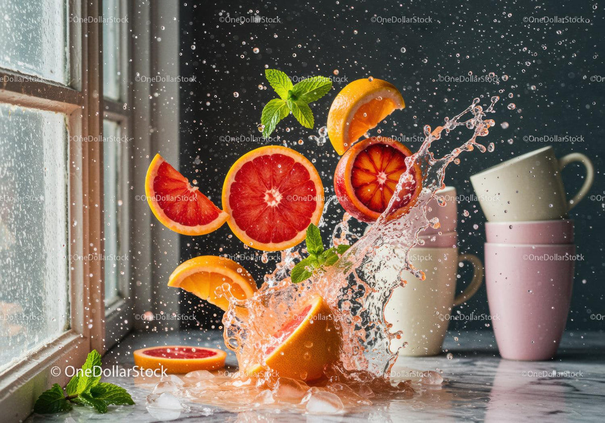 Fresh Grapefruit Slices Splashing with Mint Leaves Indoor