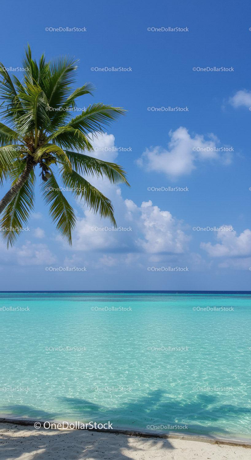Tropical Beach with Palm Tree and Clear Turquoise Ocean Under Blue Sky