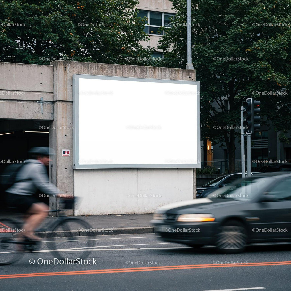 Blank urban billboard near busy street with cyclist and car JPG Mockup Image preview