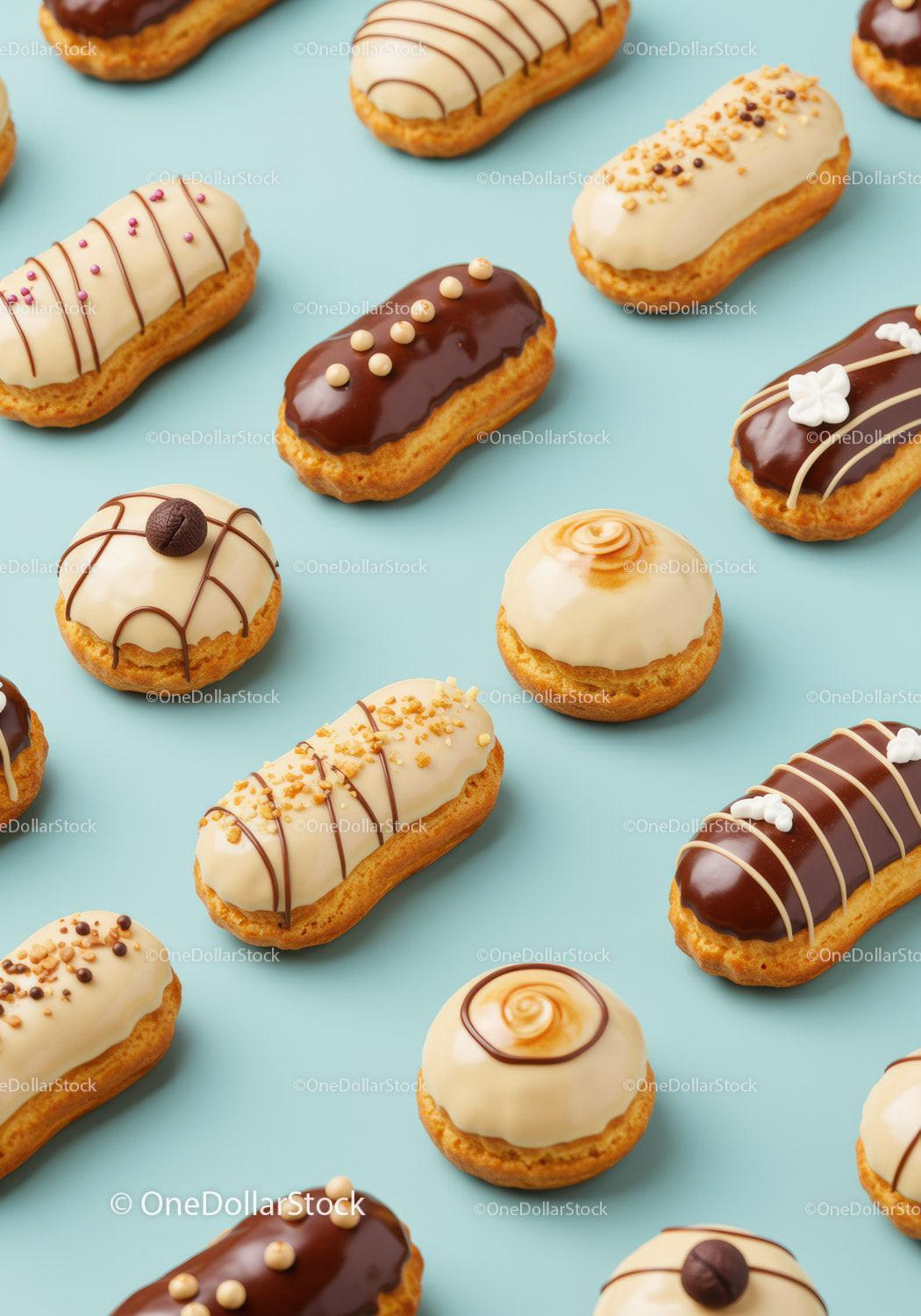 Assorted Mini Eclairs and Cream Buns on Blue Background