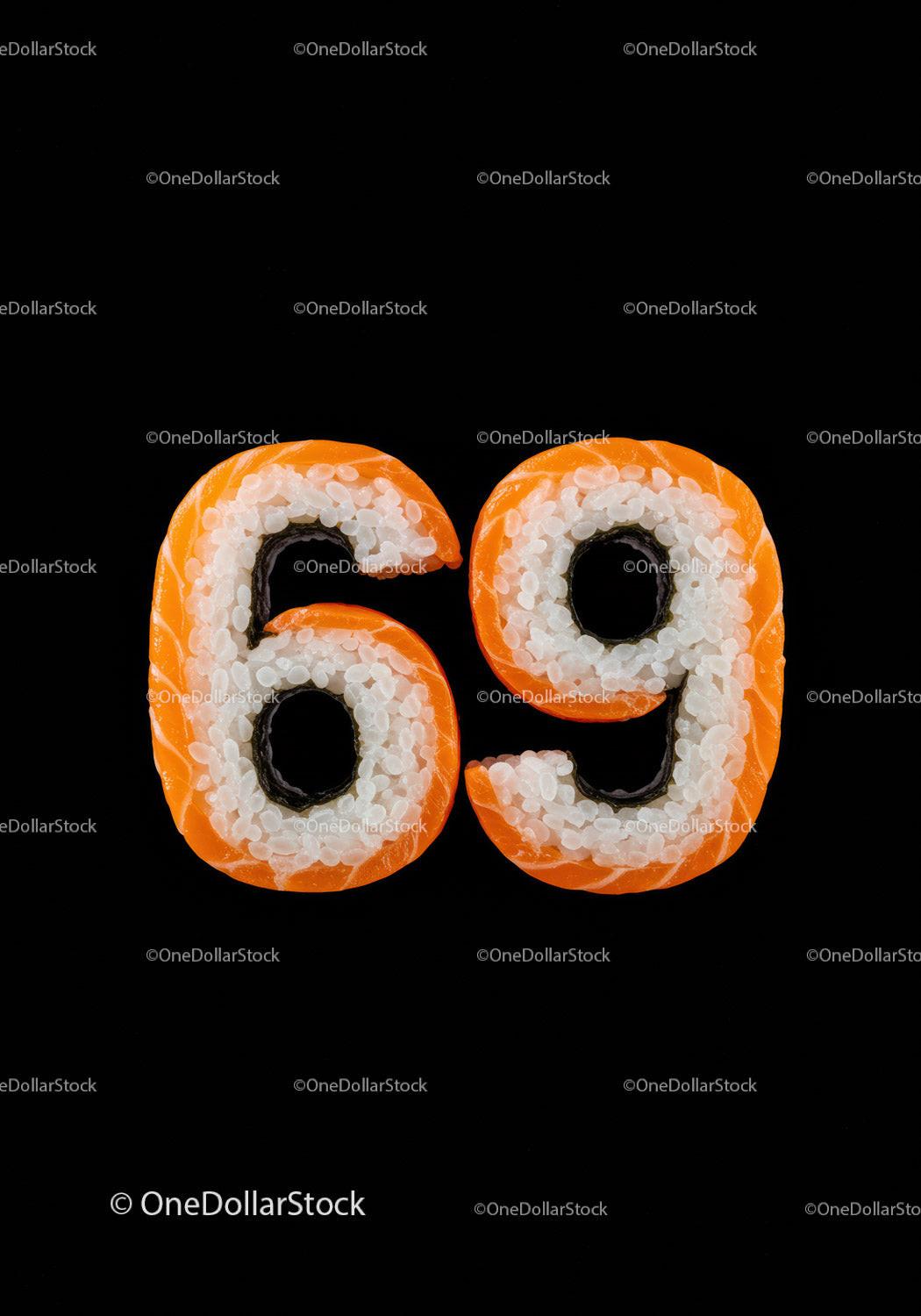 Number sixty nine shaped with sushi rice and salmon