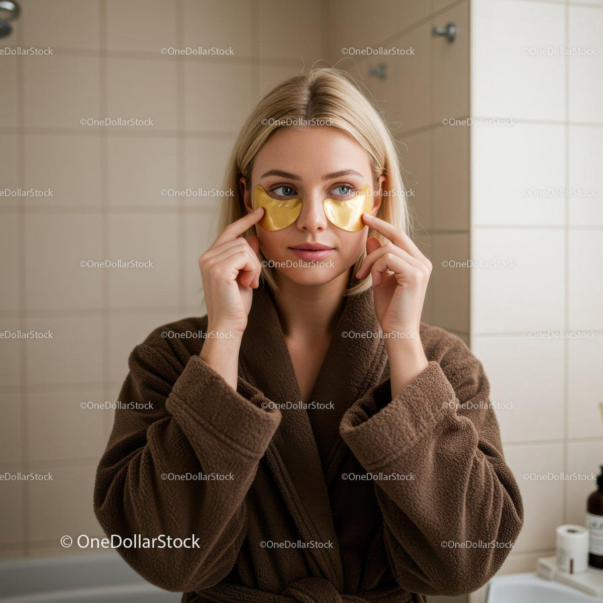 Young Woman Applying Gold Eye Masks for Skincare Relaxation