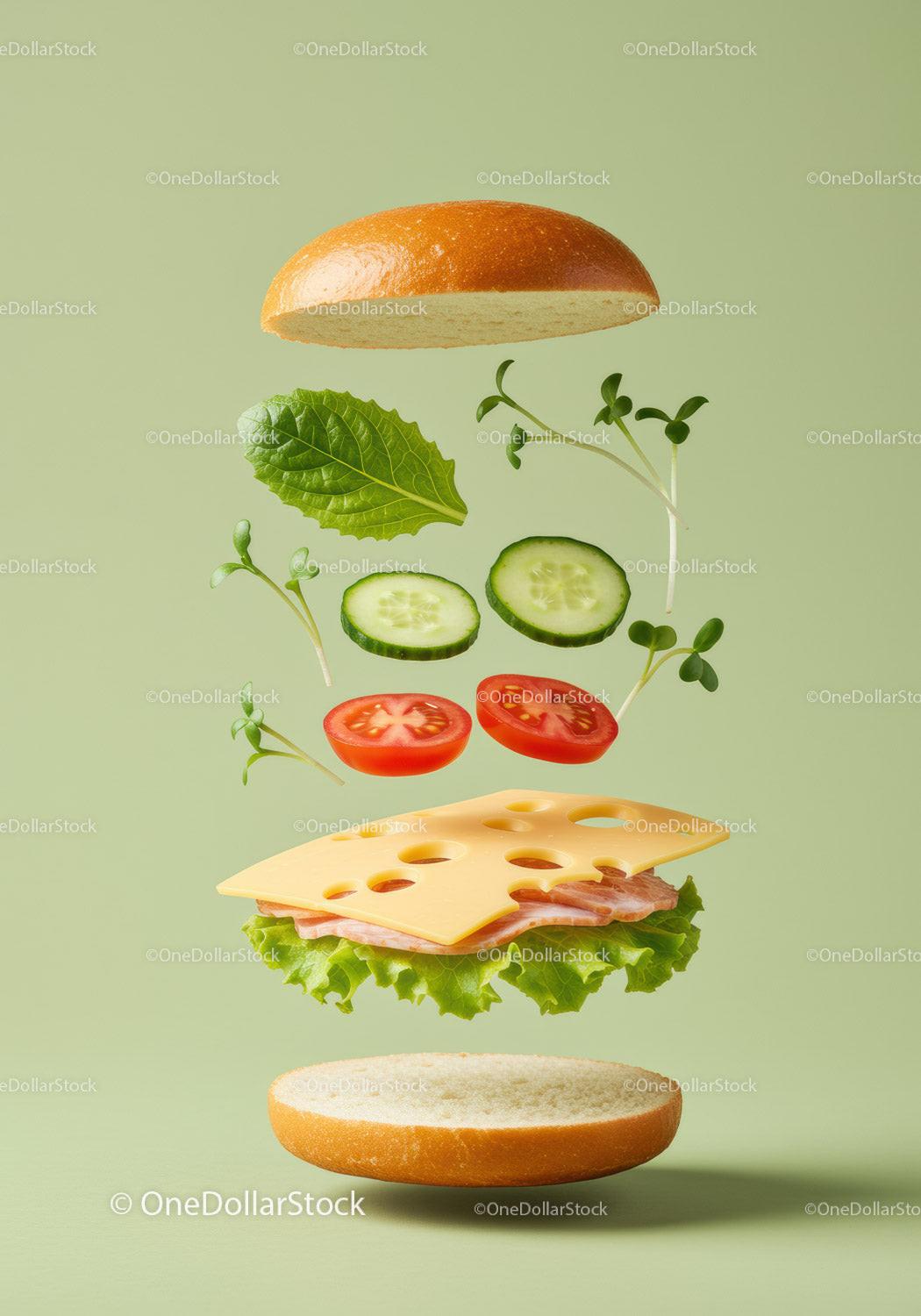 Fresh ingredients floating in a deconstructed sandwich