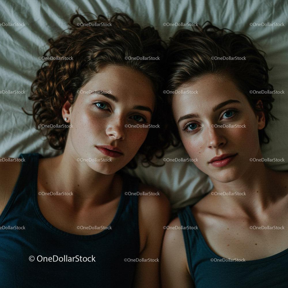 Two Young Women Relaxing Together in a Cozy Bedroom Setting Stock Photo Bundle preview