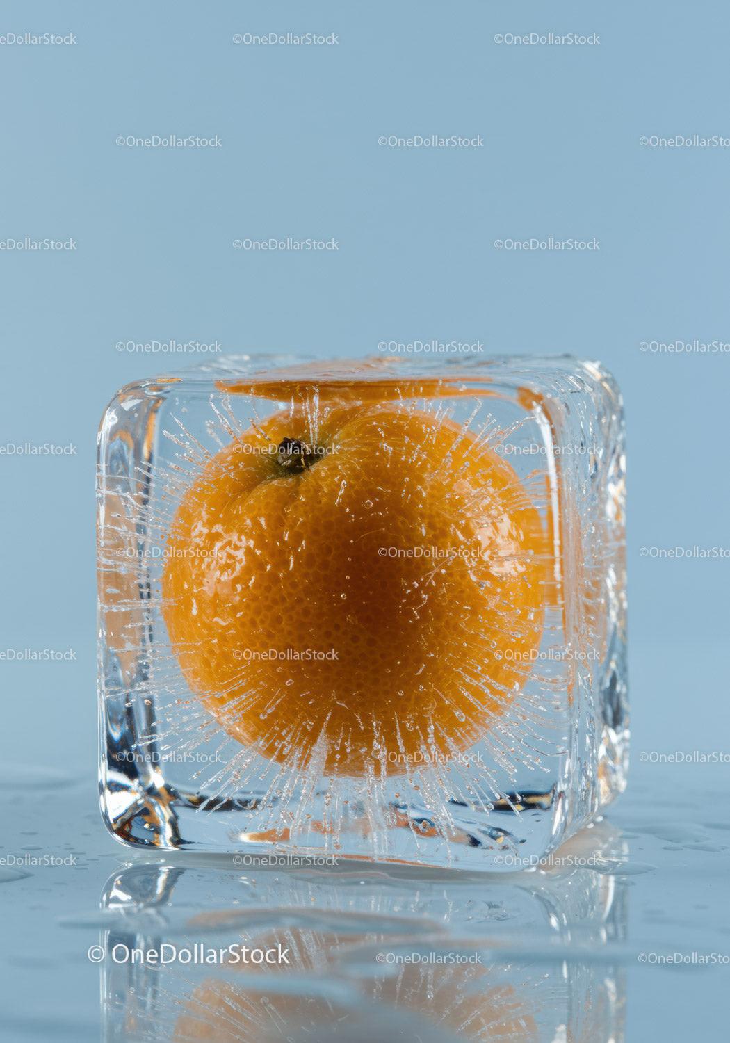 Fresh Orange Encased Inside a Clear Ice Cube