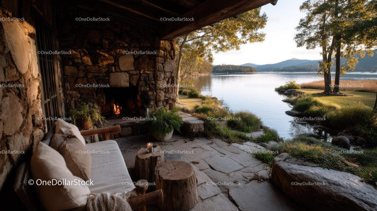 Cozy Riverside Cabin With Fireplace Overlooking Mountain Landscape Stock Photo Bundle preview 13