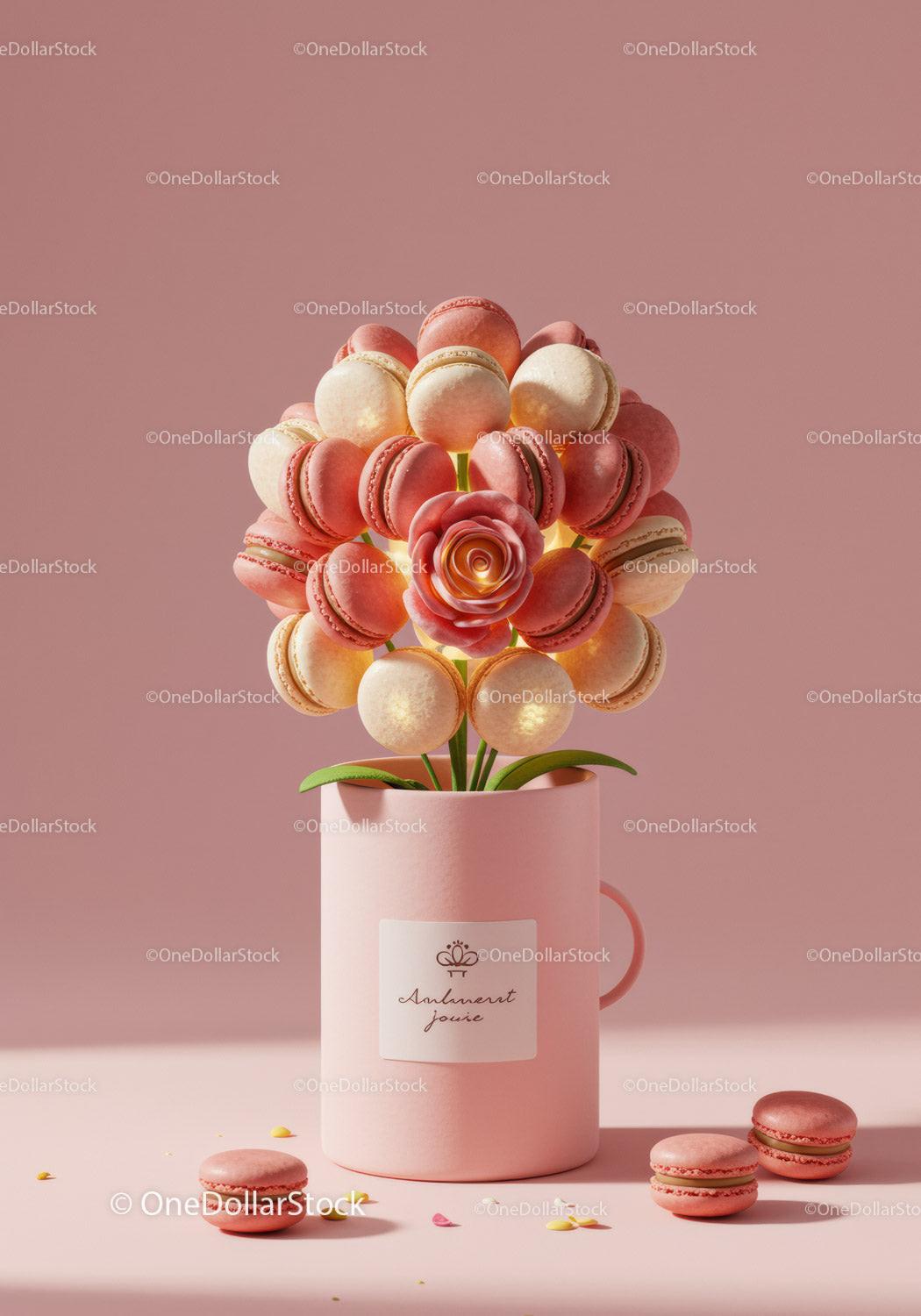 Pink and cream macarons arranged as floral bouquet in mug