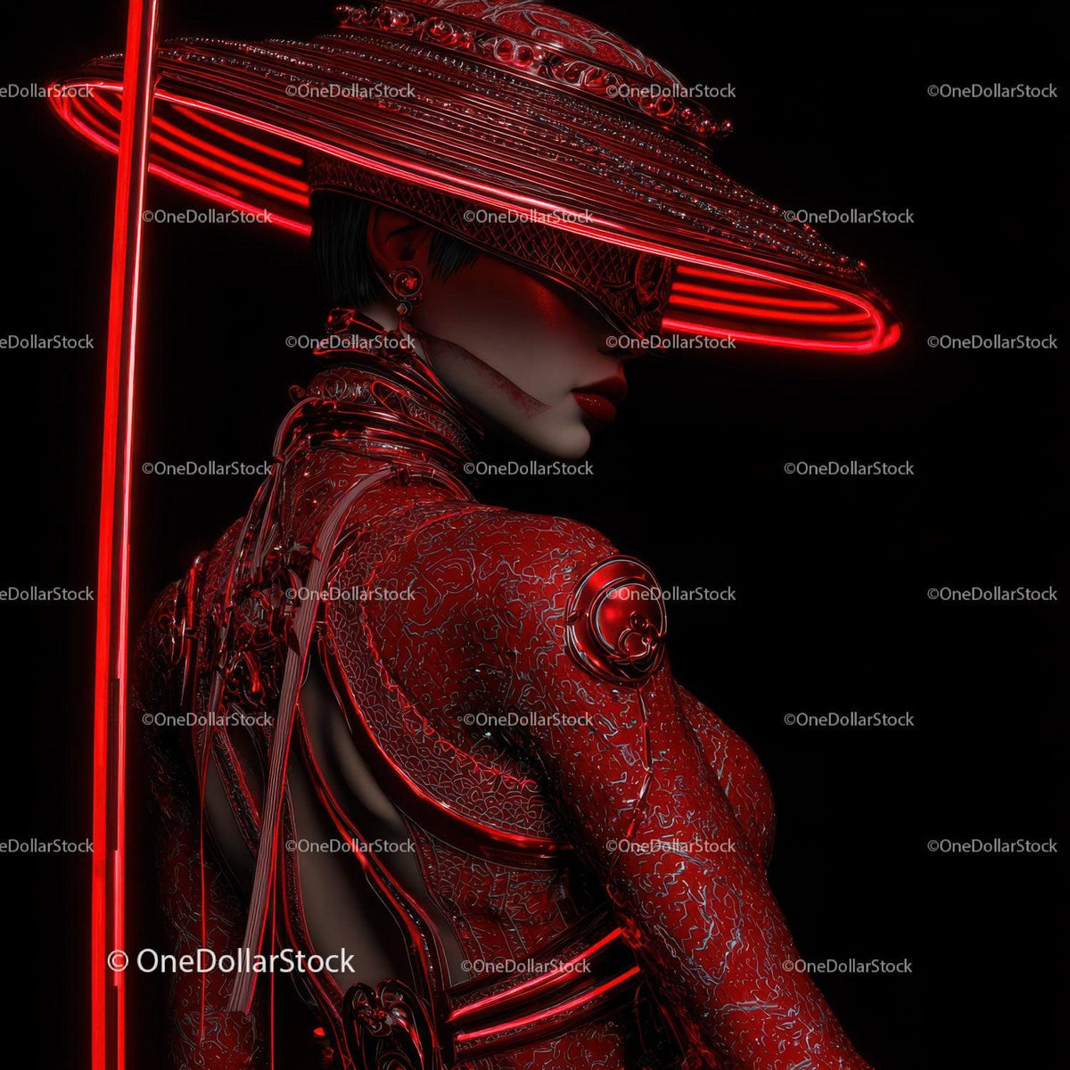 Futuristic Samurai in Neon Red Armor Holding Umbrella Stock Photo Bundle preview 27