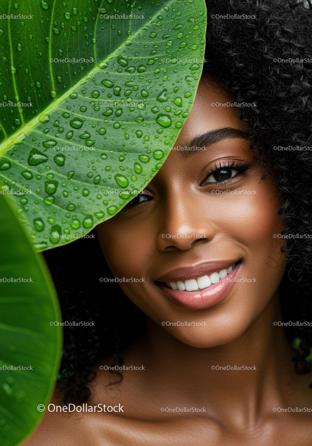 Smiling Black Woman with Curly Hair and Tropical Leaves