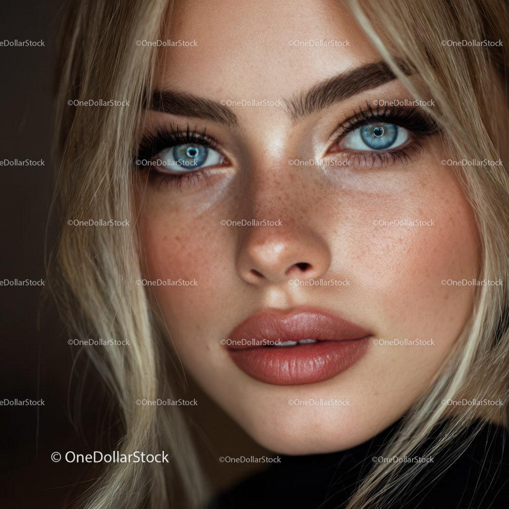 Close-Up of Beautiful Woman with Blue Eyes and Blonde Hair