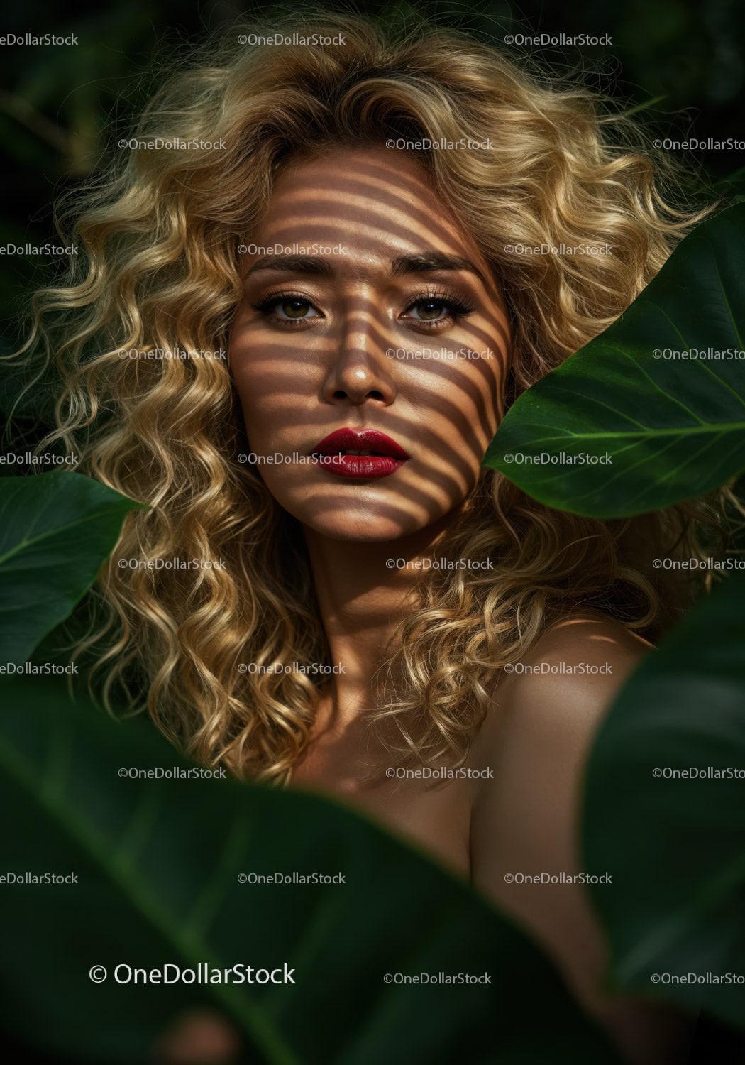 Glamorous Woman with Curly Blonde Hair Among Tropical Leaves Stock Photo Bundle preview