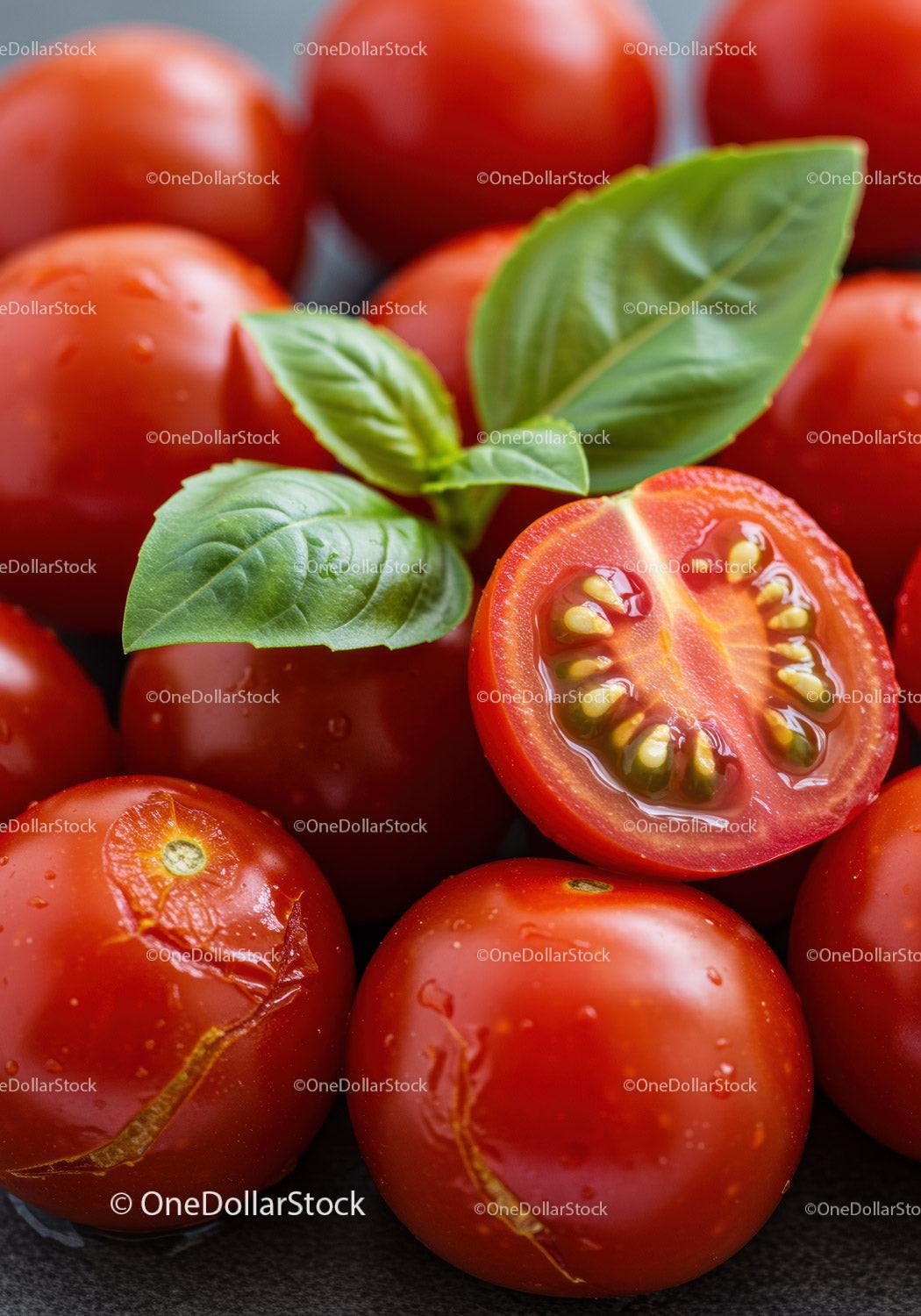 Fresh Cherry Tomatoes with Basil Leaves Closeup