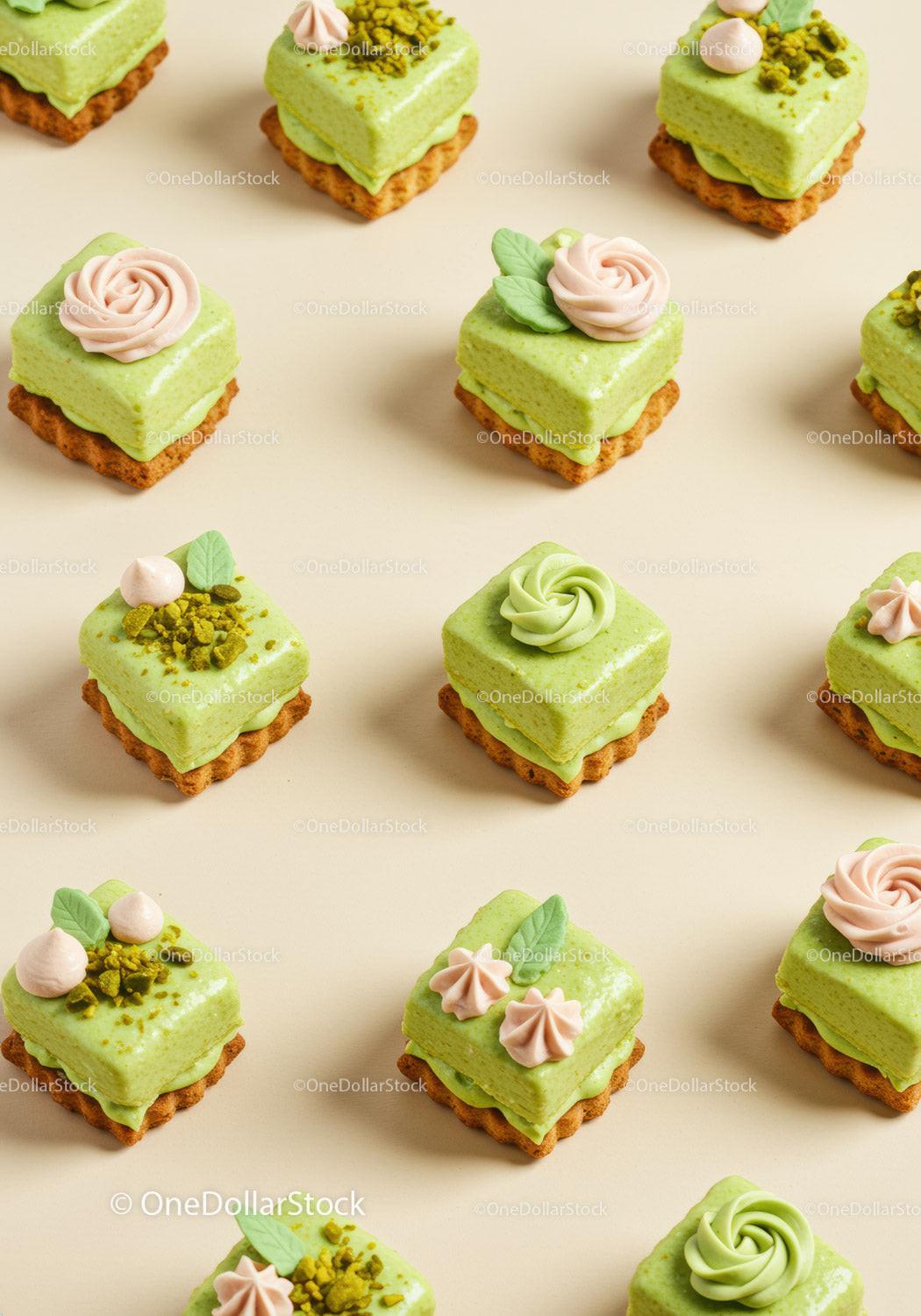 Assorted Green Pistachio Mini Cakes with Cream Decorations