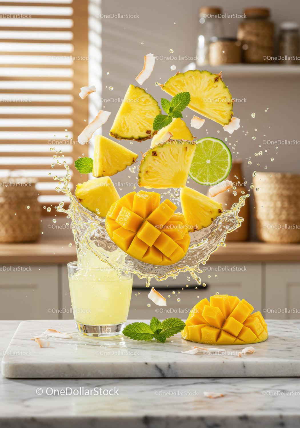 Fresh tropical fruit splashing into juice glass on marble