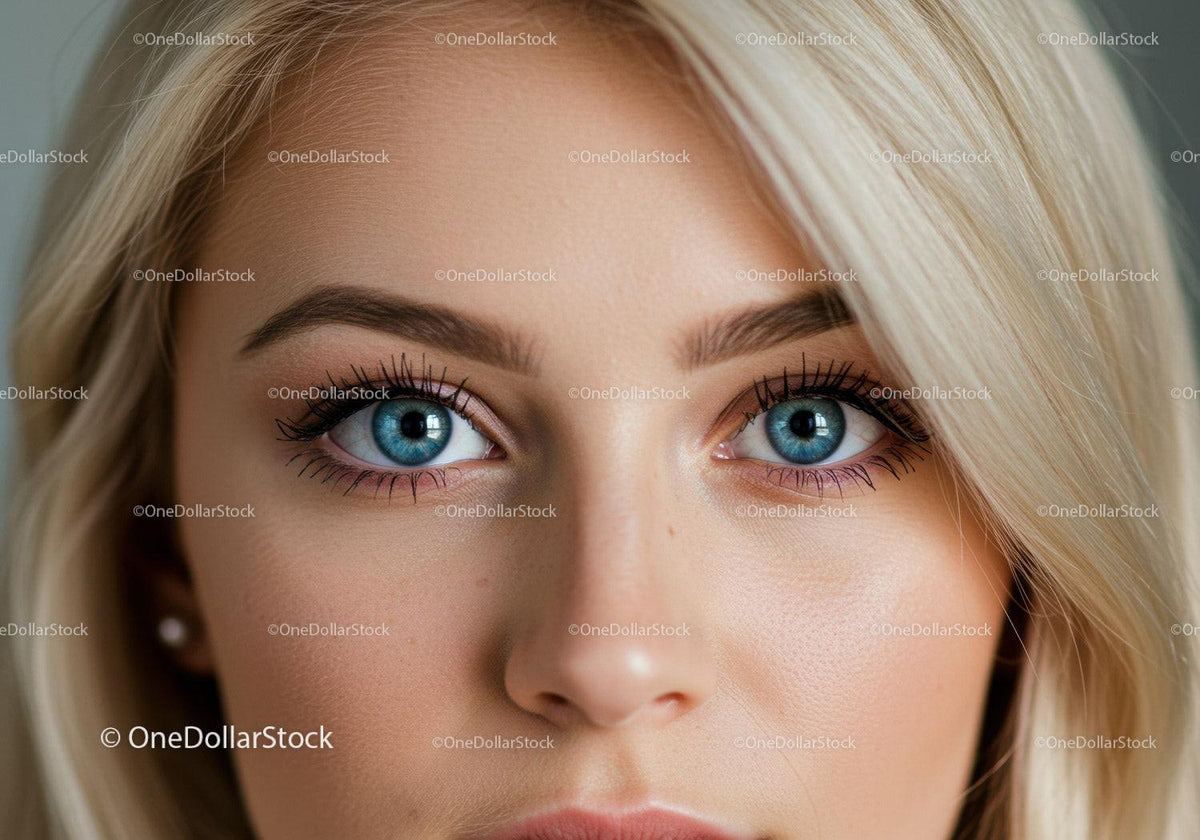 Close Up of Woman with Striking Blue Eyes and Blonde Hair