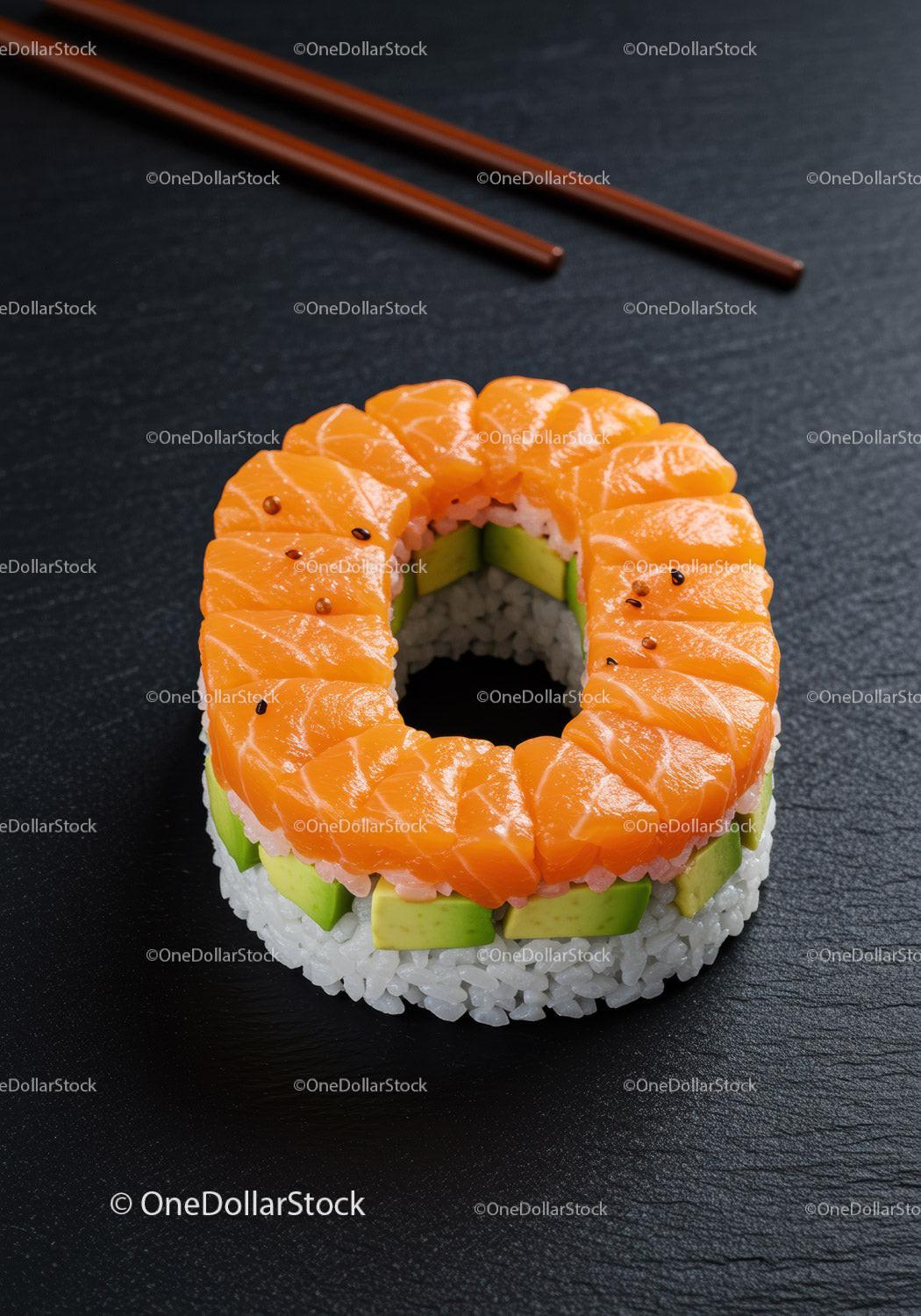 Circular Sushi Roll with Salmon and Avocado on Black Plate