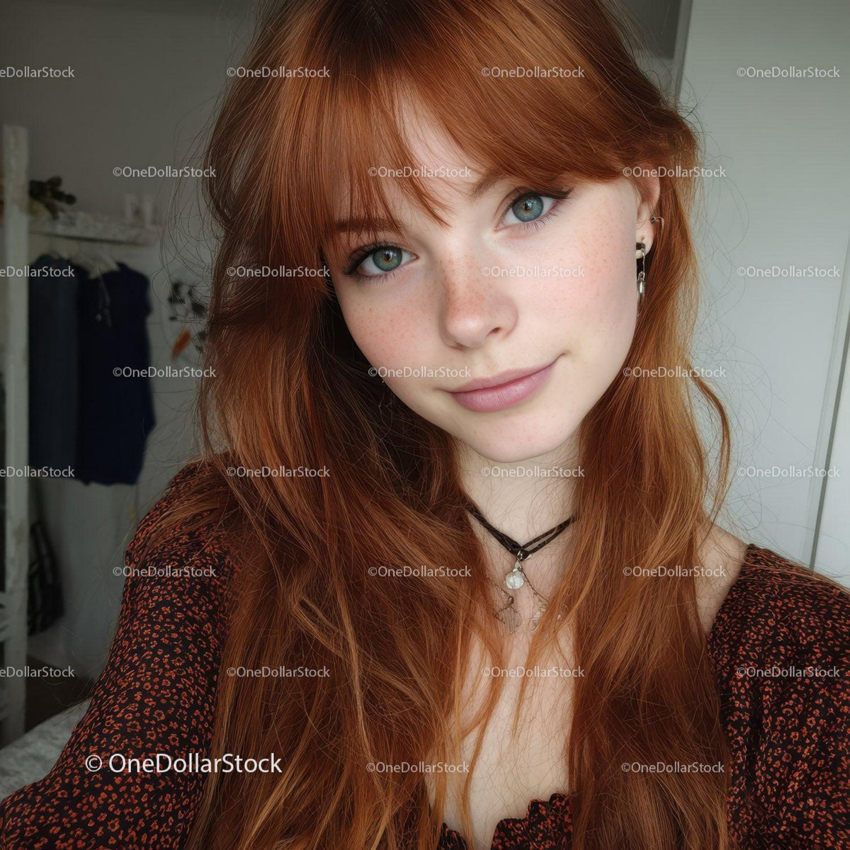 Young Woman with Red Hair and Blue Eyes in Casual Fashion