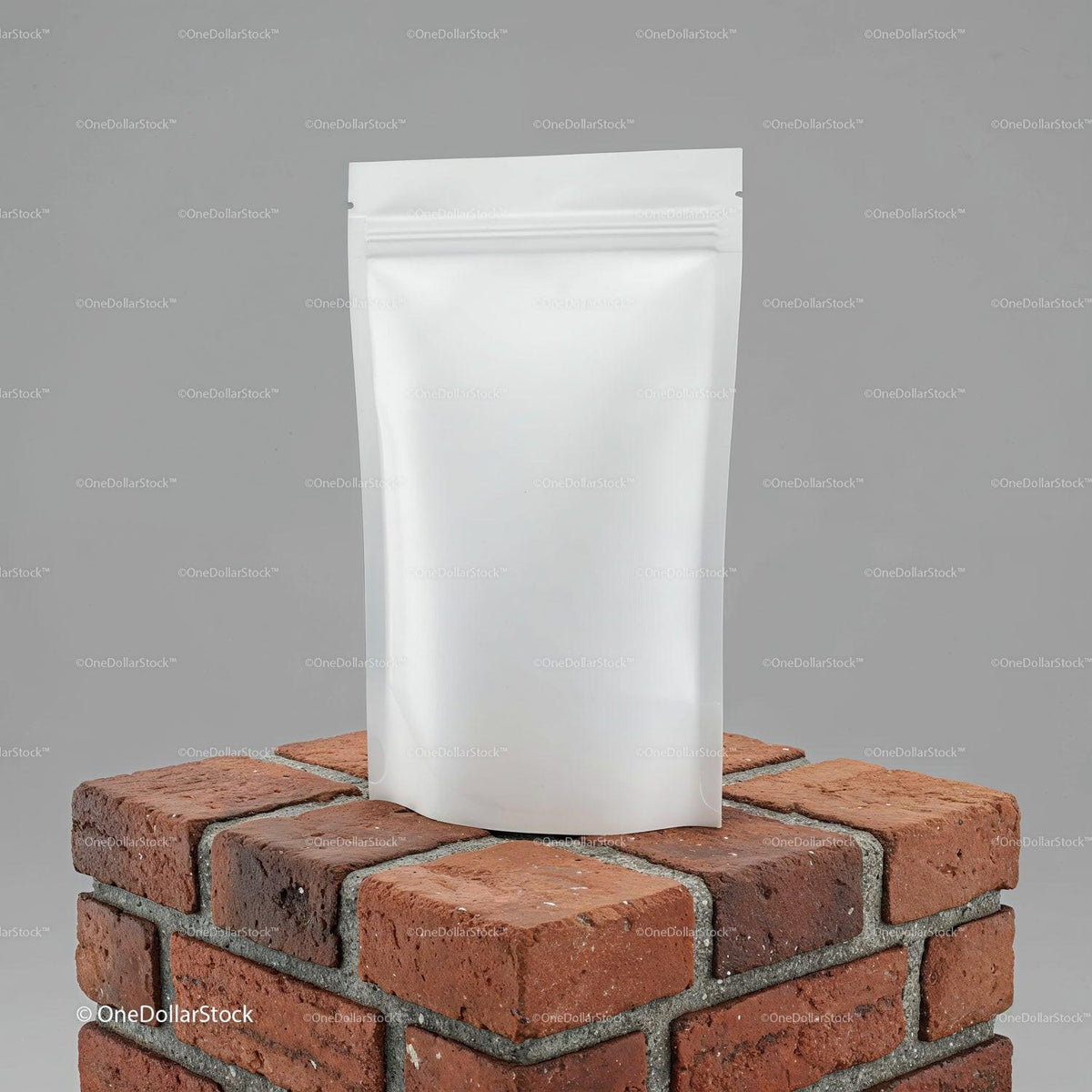 Plain white resealable pouch on brick pedestal JPG Mockup Image preview