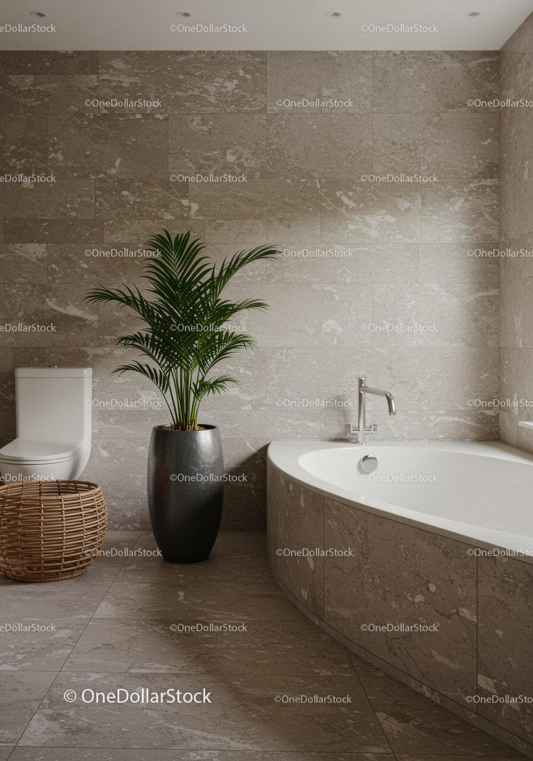 Luxury Modern Bathroom Featuring Beige Marble Tiles and Greenery