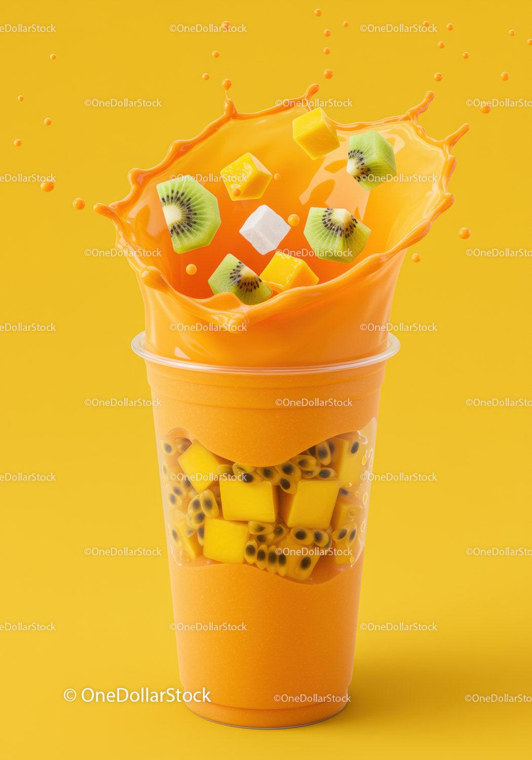 Tropical fruit smoothie splash with fresh kiwi cubes
