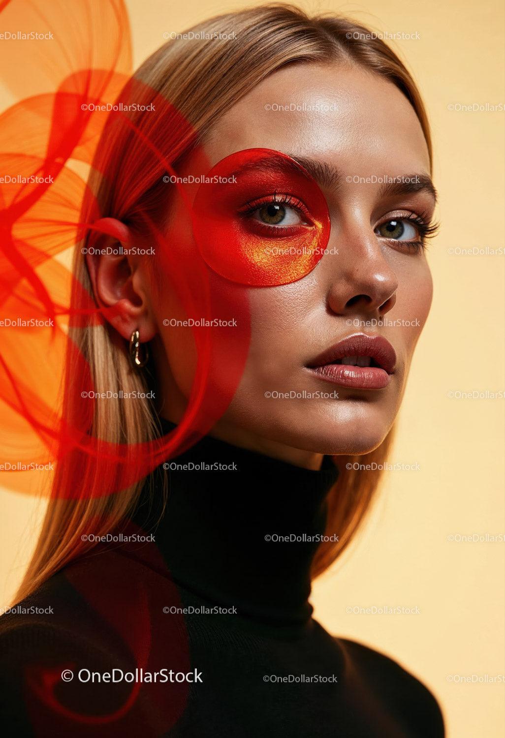 Creative Artistic Makeup Portrait with Red Face Paint and Blonde Hair Stock Photo Bundle preview 32