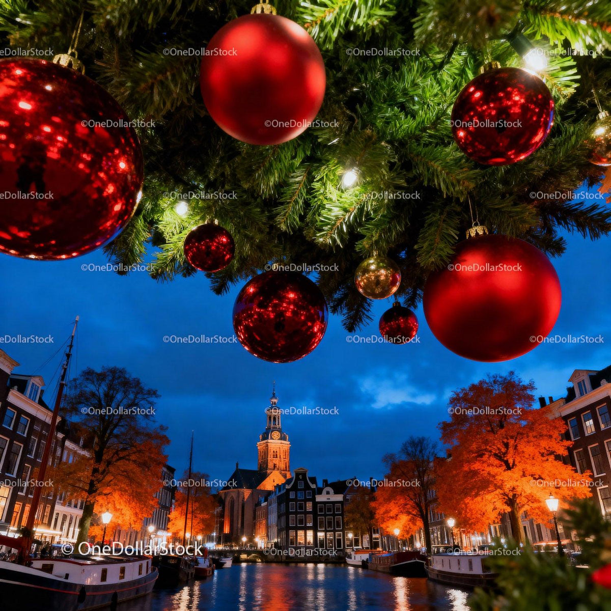 Festive Red Ornaments Hanging Over Historic Canal Town