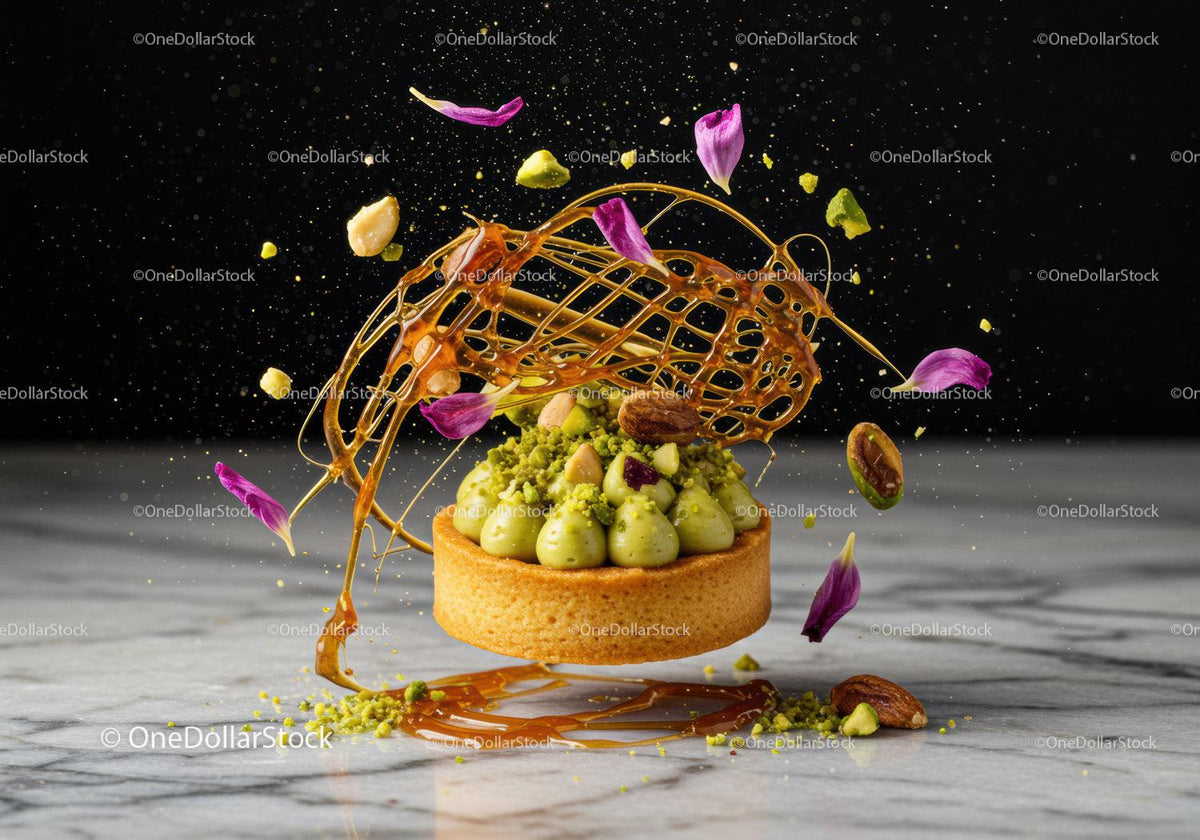 Pistachio tart with caramel decoration and flower petals